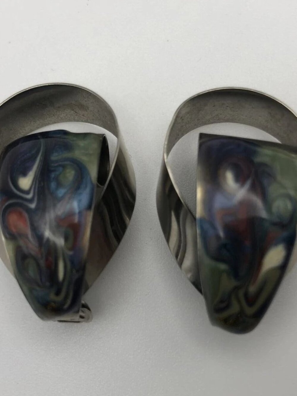 Vtg Metal Silver Tone Non-Piercing MCM Art Deco Layered Earrings - 18x32mm #14